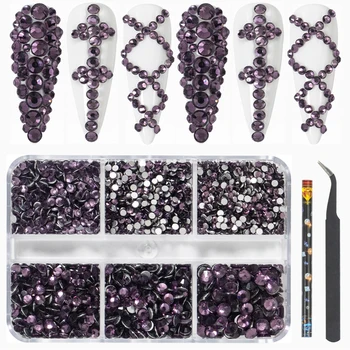 HNUIX Prabanga Shini 3D Diamond Lotus Violetinė multi-dydis Nagų Cirkonio Flatback Nagų Pakabukai plokščiadugnis Kristalai Nail Art 3D Apdailos Perlas Rinkinys