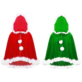 Vaikų Mergaičių Kalėdų Kostiumas Žaliojo Žiemą Šiltas Gobtuvu Dirbtiniais Kailiais Pompoms Puošia Apsiaustu Žaliojo Kalėdos Šalies Aprangą Cosplay Suknelė Iki