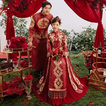 Tradicinis Išskirtinį Siuvinėjimo Pora Vestuvių Suknelė Rytų Kinijos Qipao Santuokos Taurę Cheongsam Vestidos