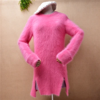 moteriška moteris rudens-žiemos sweet pink plaukuotas mink kašmyro megztinių ilgomis rankovėmis padalinta slim palaidinės pullover sweater dress traukti