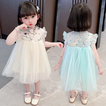 Naujas Kinų Stiliaus Gėlių Mergaičių Suknelės Rankovių Kūdikiams, Vaikams, Drabužiai 0-7 Metų amžiaus Vaikų Drabužių Vasarą Vaikai Princesė Suknelė