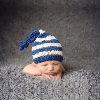 Naujagimio Fotografijos Prop Dryžuotas Sleepy Hat Nėrimo Megzti Kūdikio Nuotrauka Prop Naktį Bžūp Mielas Berniukas Žiemos Pompom Beanie Skrybėlių