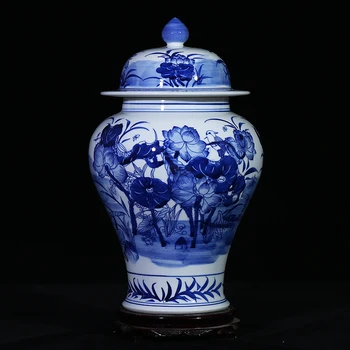 Jingdezhen Keramikos Mėlynos Ir Baltos Lotus Saugojimo puodą šventykla jar Kambarį Papuošalai Namų porceliano keramikos jar vaza
