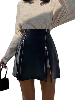 Moterų PU Odos Mini Sijonai vientisos Spalvos Aukštos Juosmens Užtrauktukas Trumpais Sijonais Šalies Klubas Pieštuku Sijonai Streetwear