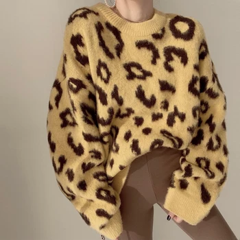 Nauja Rudens Žiemos Leopardas Spausdinti Moterų Puloveriai O-Kaklo Atsitiktinis Palaidų Lazzy Oaf Ponios Mezgimo Viršūnes Megztiniai