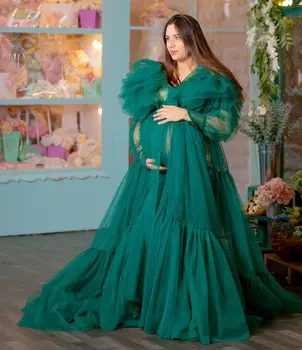 Smaragdas Žalia Motinystės Tiulio Skraiste Nuotakos Prom Chalatai Pakopų Photoshoot Nėščia Moteris, Chalatai Babyshower Suknelė