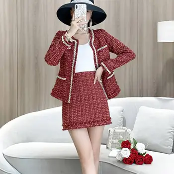 Rudens-Žiemos Mados Korėjos Tvido Dviejų Dalių Rinkinys Moterims Duobute Vilnonių Ilgomis Rankovėmis Kailis + Elegantiškas Mini Sijonas Kostiumas
