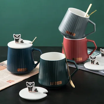 Tiesioginė prekyba keramikos panda ženklas puodelis su dangteliu-biuro kavos puodelis su šaukšteliu namų pusryčiai pieno puodelis
