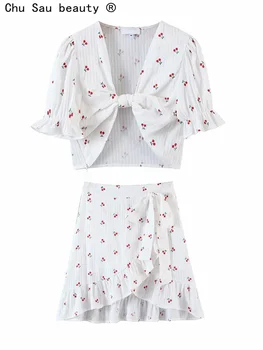 Derliaus saldus mergina vyšnių spausdinimo dviejų dalių kostiumai seksualus rišti sluoksniuotos rankovėmis marškinėliai apkarpyti viršūnes aukšto juosmens lieknėjimo susiėmę mini sijonas