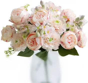 Dirbtinės Gėlės 2vnt Netikrą Bijūnas Šilko Hydrangea Gėlių Puokštė Realus Gvazdikai Uogas, Gėlės Tvarka