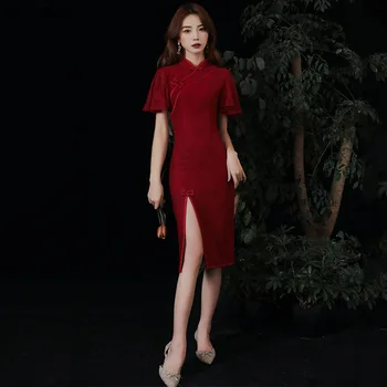 KAUNISSINA Oficialų Prom Dresses Moterų Kinijos Cheongsam Nuotaka Santuokos Suknelė trumpomis Rankovėmis Mandarinų Apykaklės Nėrinių Kokteilis Vestidos
