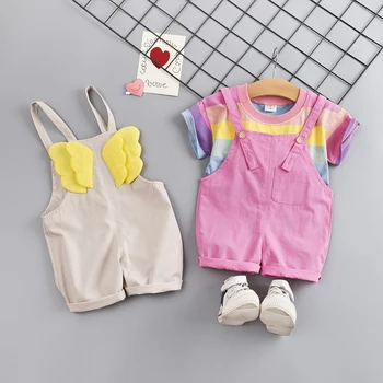 Cute Baby girl Vasaros drabužių rinkinys kūdikiams, vaikams, vaikų medvilnės Vaivorykštė Dryžuotas trumpomis Rankovėmis T-Shirt Dirželis kelnes 2vnt kostiumai apranga