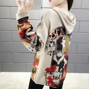 Megztinių Su Gobtuvu Džemperis Moterims Prarasti Rudenį Naują Stilių Korėjos Megztinis Kailis Retro Spausdinimo Išorinis Striukė