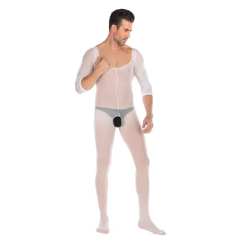 Seksuali Kūno apatinis Trikotažas Crotchless Bodysuit Vyrų Bodystocking Besiūlių Sleepwear Vyrų Pėdkelnės ilgomis Rankovėmis, Balti Apatiniai