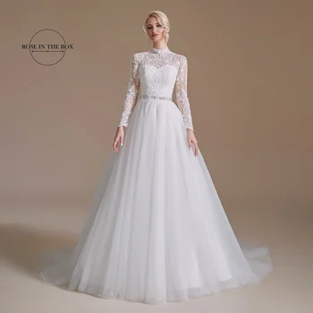 Elegantiškas Aukštos Kaklo Vestuvių Suknelės Moterims 2022 Ilgomis Rankovėmis, Vestidos De Noiva Nėrinių Aplikacijos Balto Tiulio Vestuvinės Suknelės Užsakymą