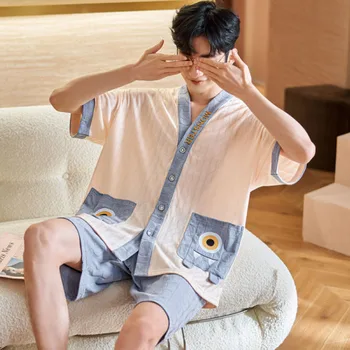 QUHENG Anime Medvilnės Vyrų Pižama Tiktų Vasaros korėjos Saldus Trumpas rankovėmis Šortai Sleepwear Dviejų vienetų Namo Vyras Sleepwear Kostiumas