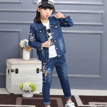 baby girl drabužiai džinsinio vaikų drabužių 2019 nauja mergina laisvalaikio povas siuvinėti džinsai jackct +džinsai kūno kostiumas mergaitėms