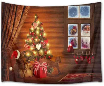 Kalėdų Pušies Medžio Mozaiką, Santa Claus Stovi Už Lango Kaimiškas Medienos Namai