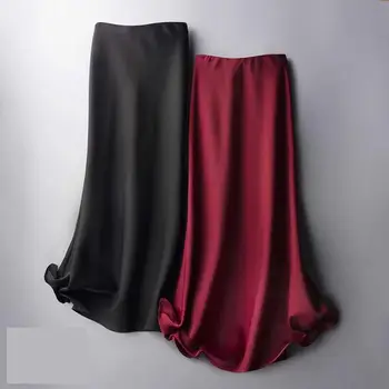 Elegantiškas korėjos satino ilgas sijonas moterų aukšto juosmens vientisos spalvos modeliavimo šilko midi sijonas moterims 2021