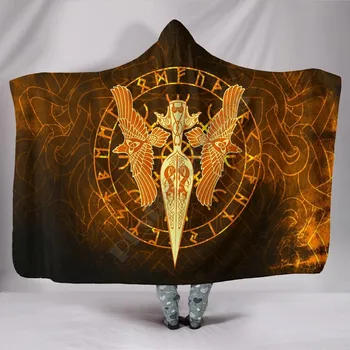 Vikingų Aukso Ietis Dievas Odin - Gungnir Ir Du Aukso Varnas 3D Atspausdintas Nešiojami Antklodė Suaugusiems, Vaikams su Gobtuvu Antklodė