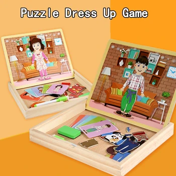 Mediniai Magnetiniai Dvipusis Dėlionės Žaidimas Vaikams Montessori Ugdymo Mergaitė Puošniai Apsirengti Lenta, Tapyba Vaikams, Žaislai