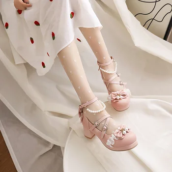 2022 naujas moterų batai plius dydis 22-28cm pėdų ilgio Lankas Sagtis cute lolita girls batai pearl grandinės mary jane bateliai, aukštakulniai