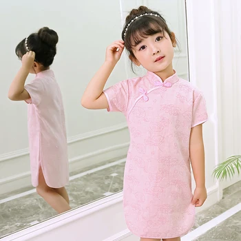 Rožinė kinijos suknelė qipao cheongsam gėlių mergaitė Šalis Vasaros Suknelės